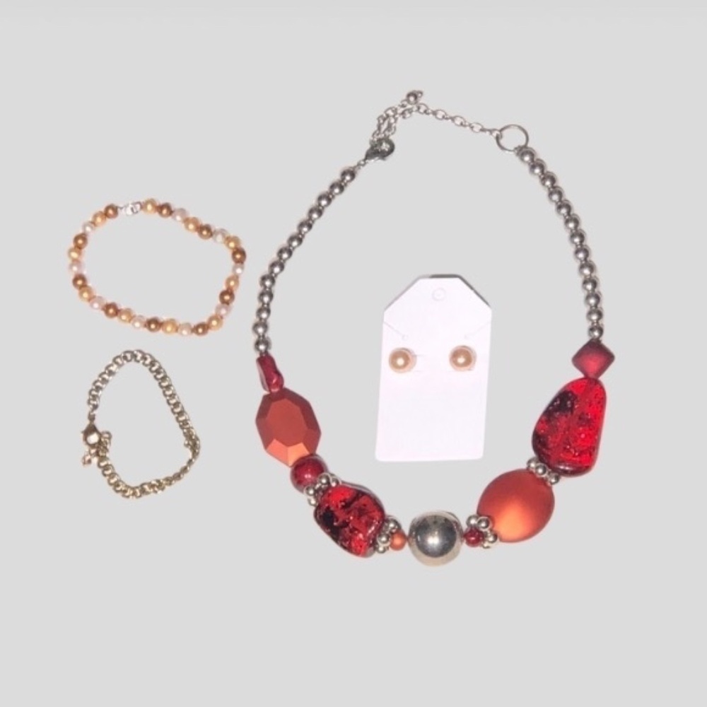 Red Beaded Jewelry Set Necklace Bracelets Earrings